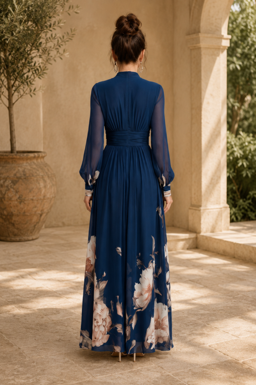 Women's Elegant Sheer Sleeve Pleated Maxi Dress for Special Occasions