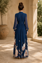 Women's Elegant Sheer Sleeve Pleated Maxi Dress for Special Occasions