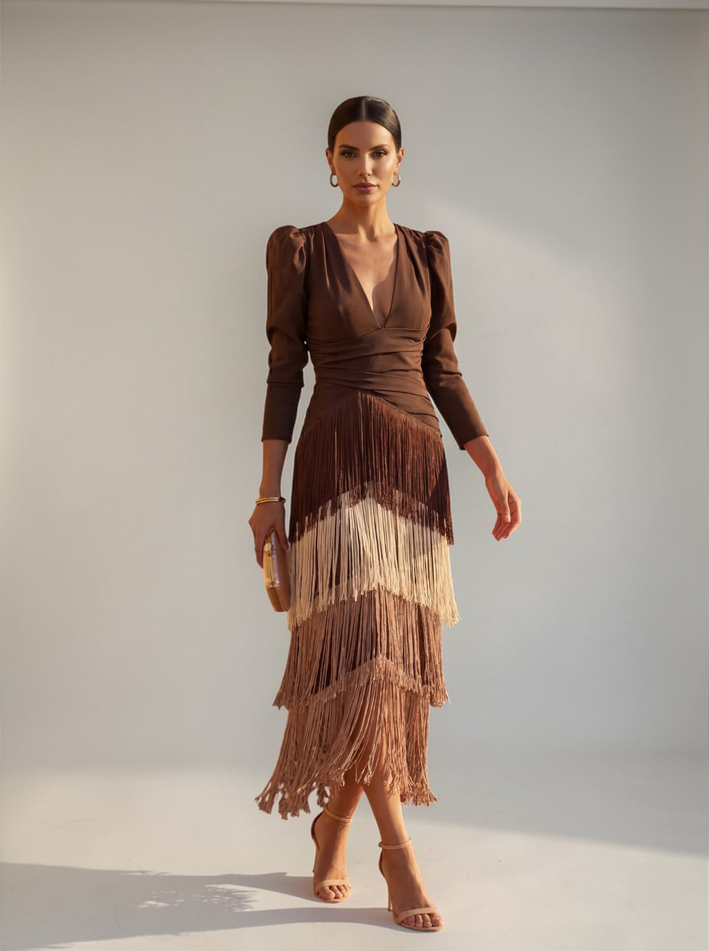 Women's Elegant Tiered Fringe Midi Formal Dress
