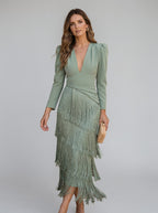 Women's Elegant Tiered Fringe Midi Formal Dress