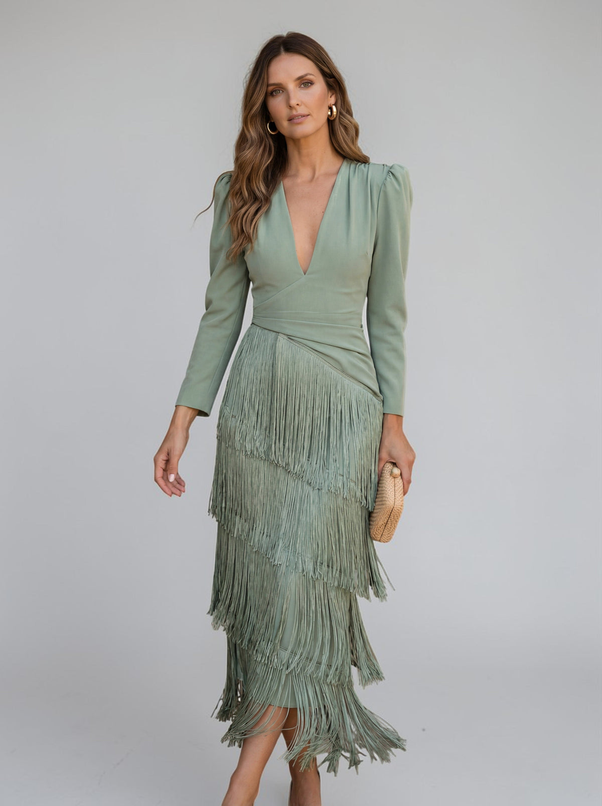 Women's Elegant Tiered Fringe Midi Formal Dress