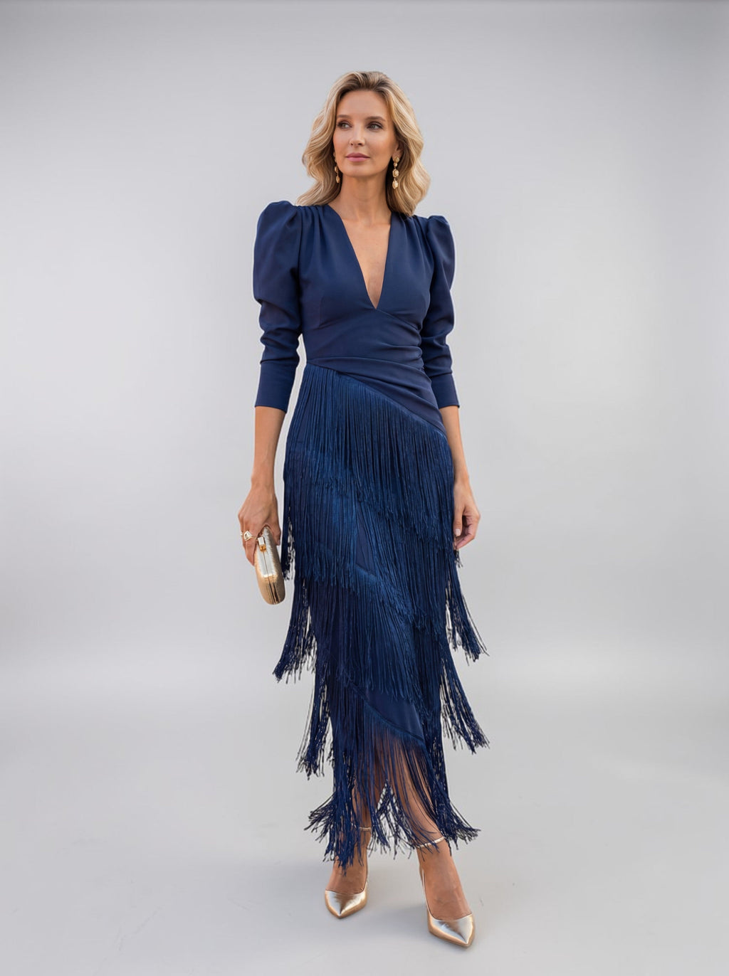 Women's Elegant Tiered Fringe Midi Formal Dress
