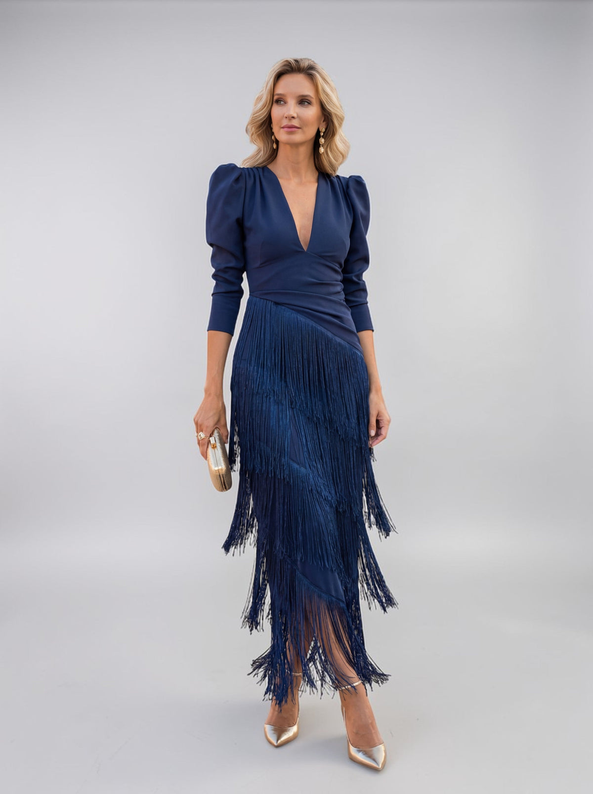 Women's Elegant Tiered Fringe Midi Formal Dress