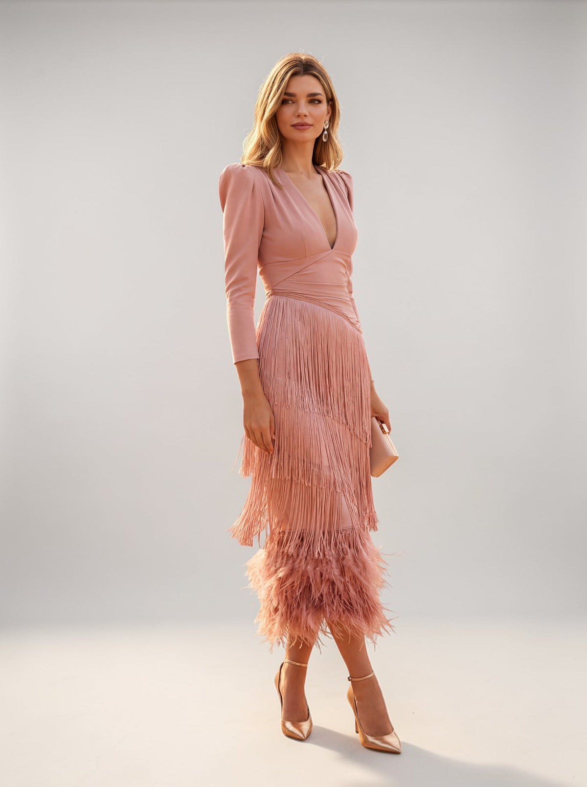 Women's Elegant Tiered Fringe Midi Formal Dress