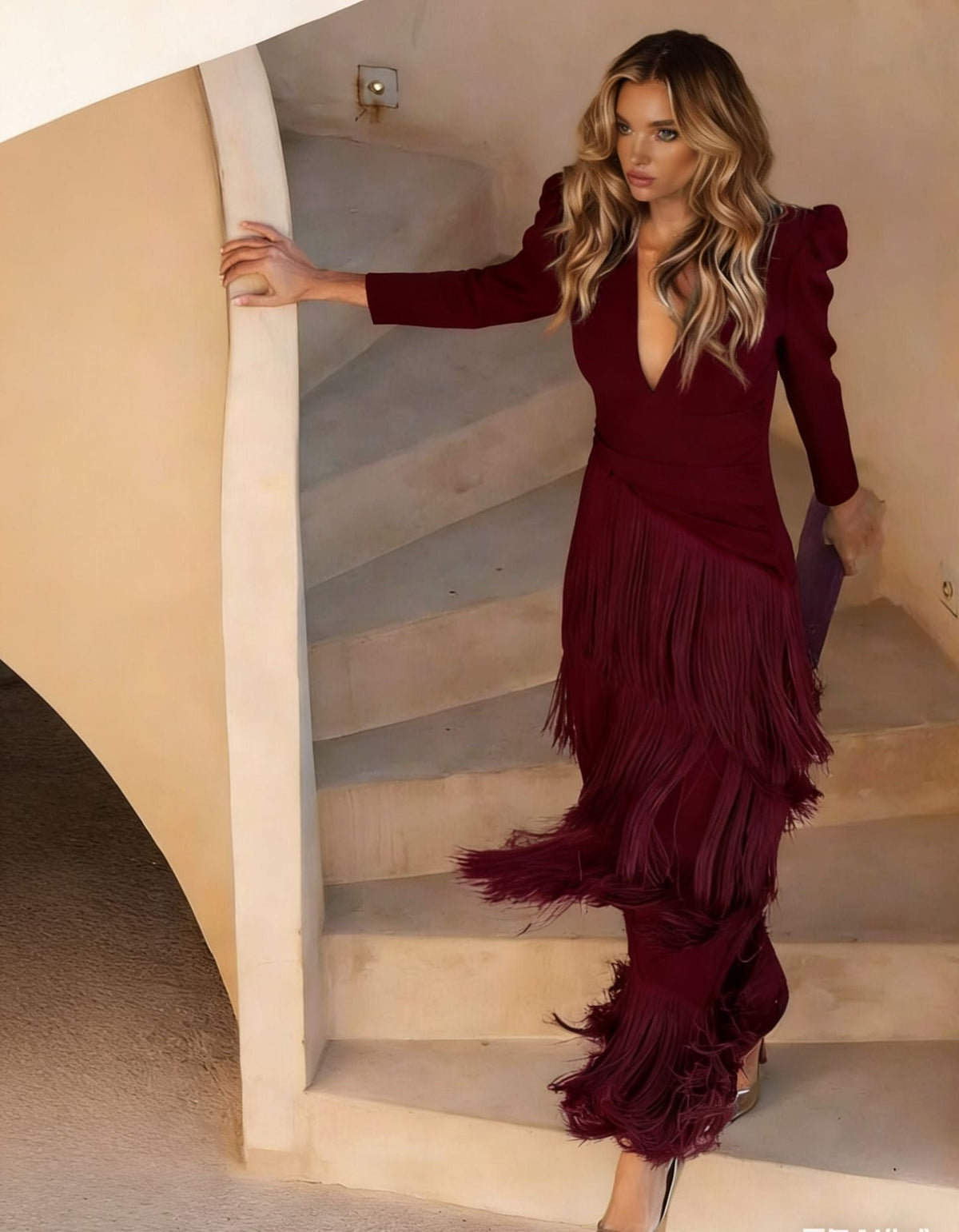 Women's Elegant Tiered Fringe Midi Formal Dress