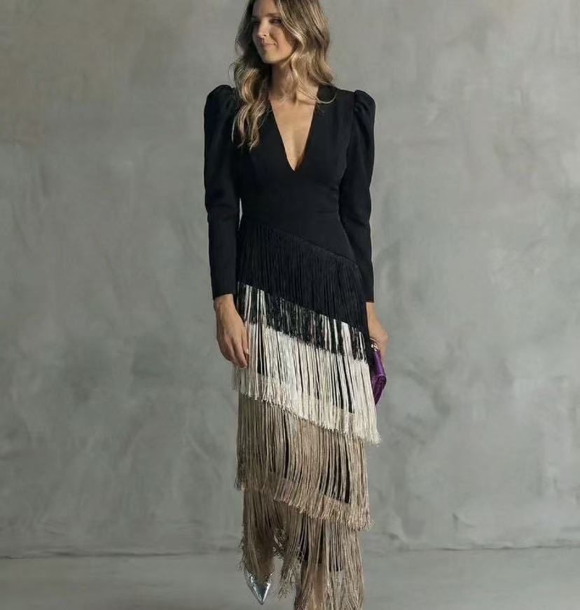Women's Elegant Tiered Fringe Midi Formal Dress