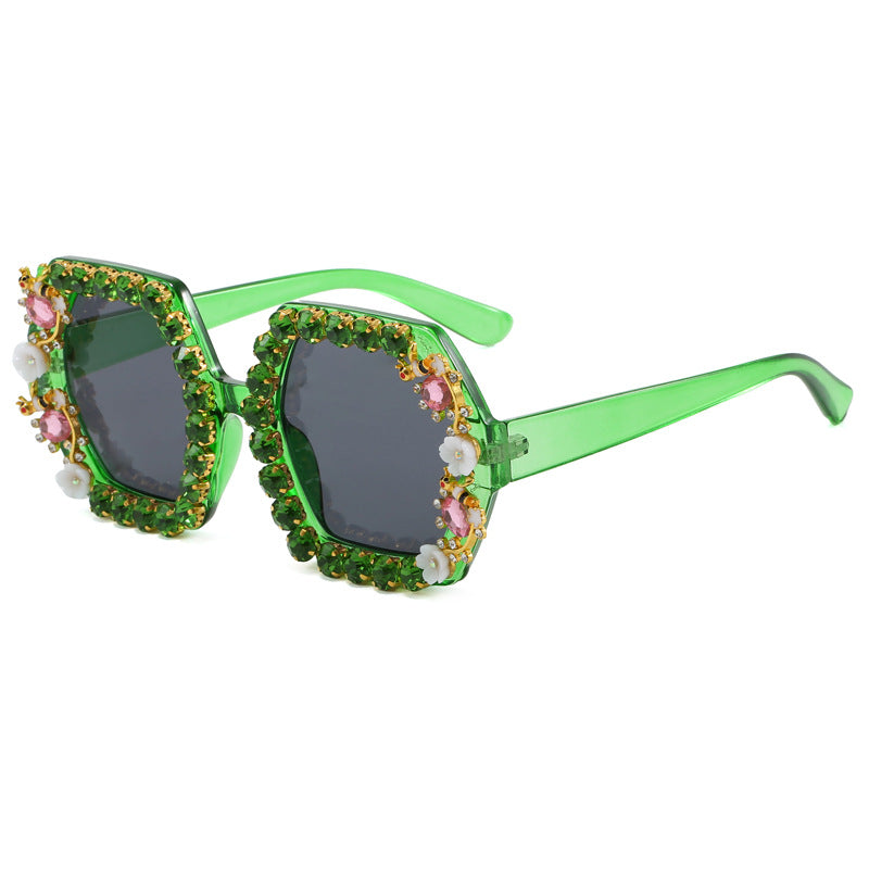 Women's extravagant hexagon sunglasses with crystal embellishment
