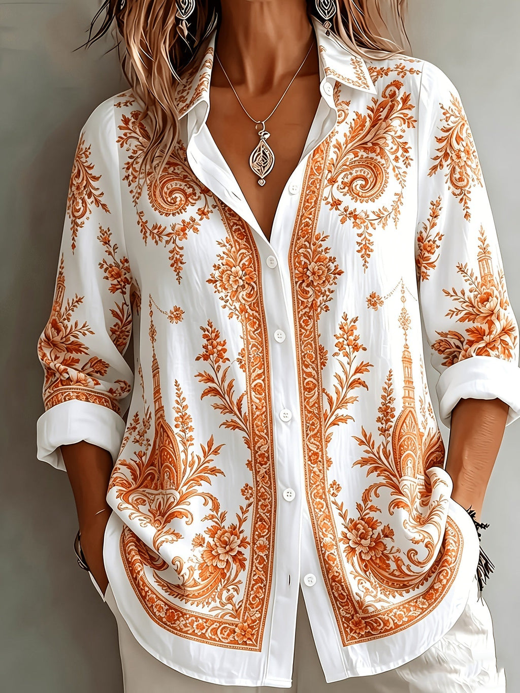 Women's Floral Paisley Oversized Long Sleeve Blouse