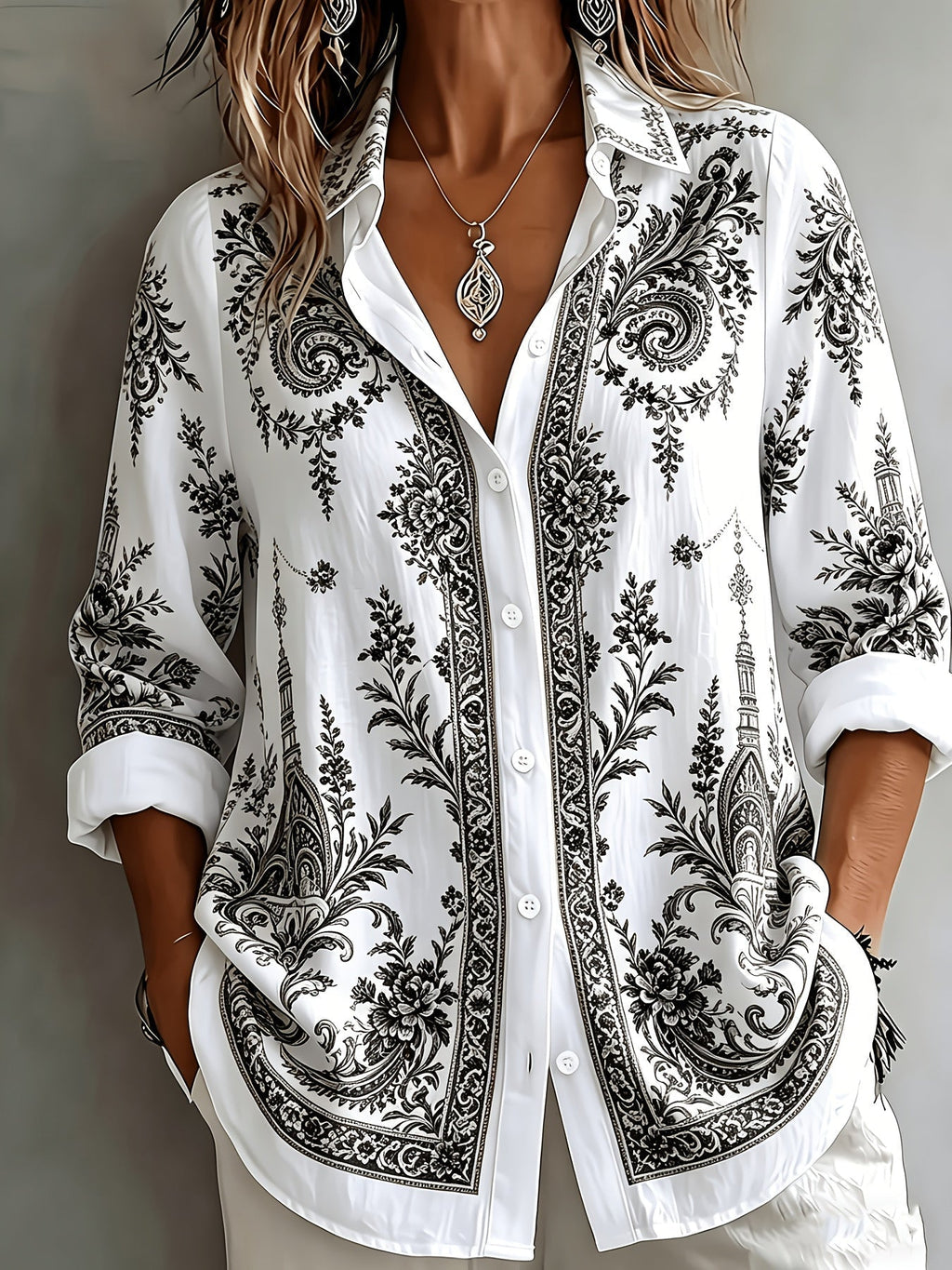 Women's Floral Paisley Oversized Long Sleeve Blouse