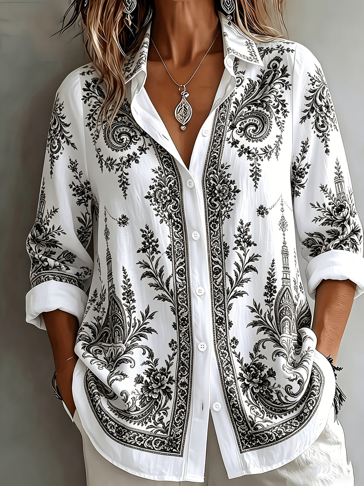 Women's Floral Paisley Oversized Long Sleeve Blouse
