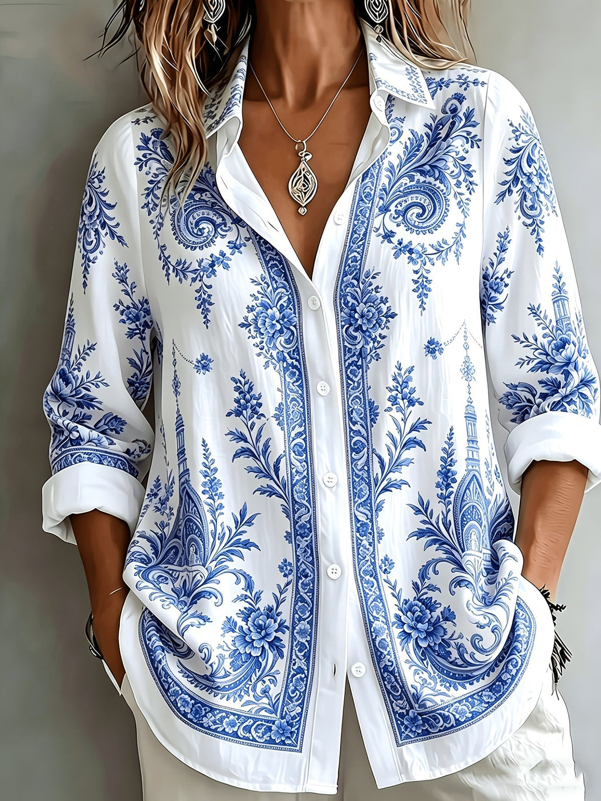 Women's Floral Paisley Oversized Long Sleeve Blouse