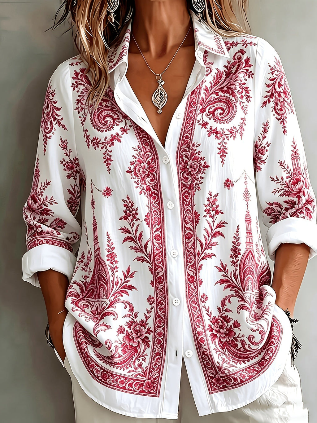 Women's Floral Paisley Oversized Long Sleeve Blouse
