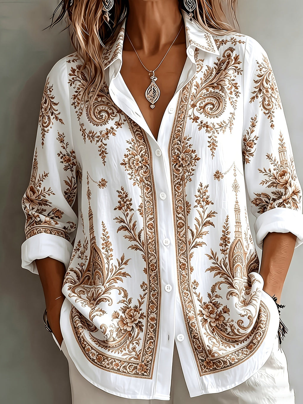Women's Floral Paisley Oversized Long Sleeve Blouse