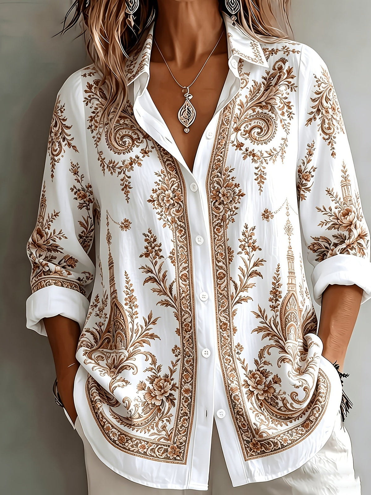 Women's Floral Paisley Oversized Long Sleeve Blouse