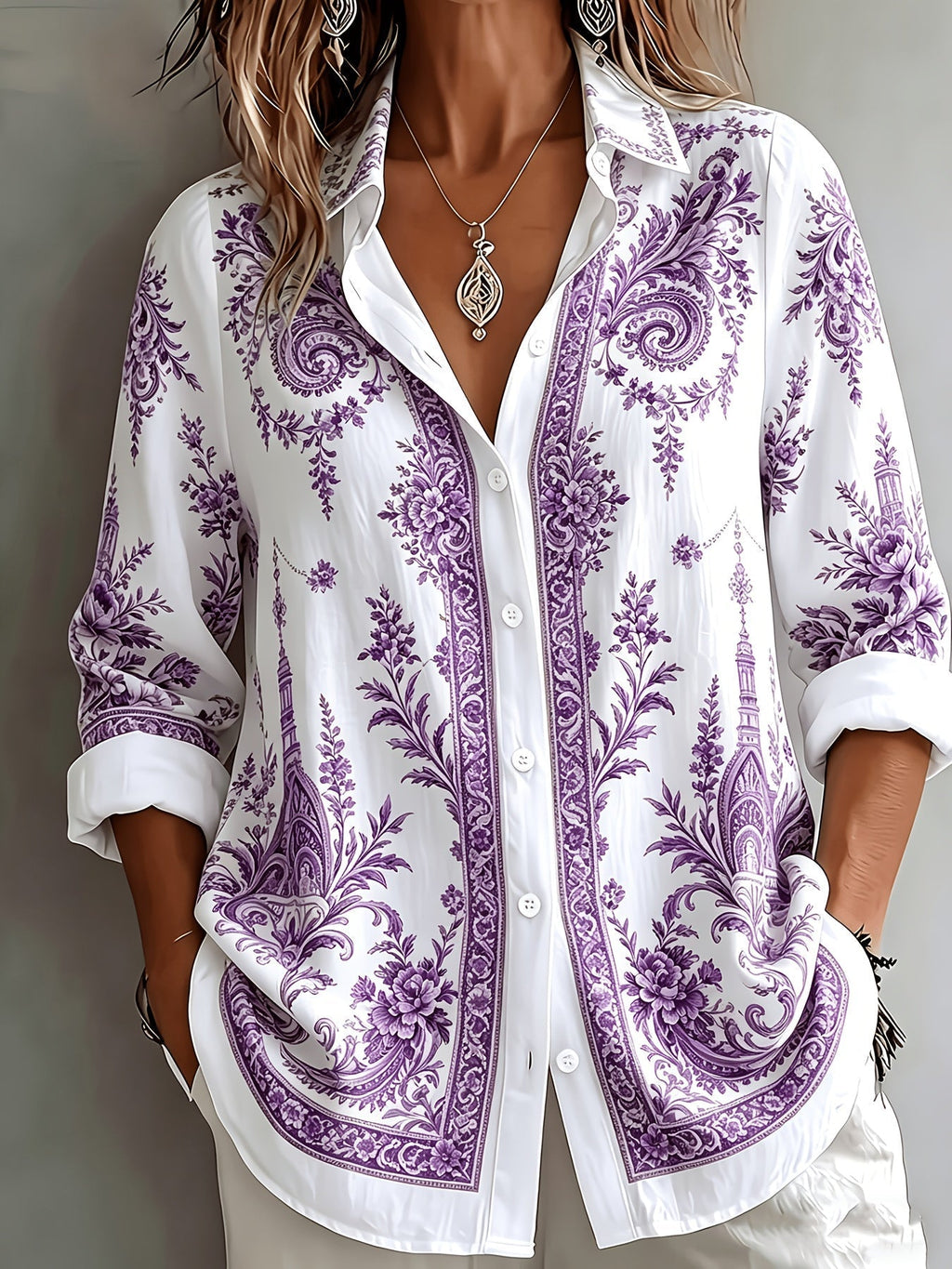 Women's Floral Paisley Oversized Long Sleeve Blouse