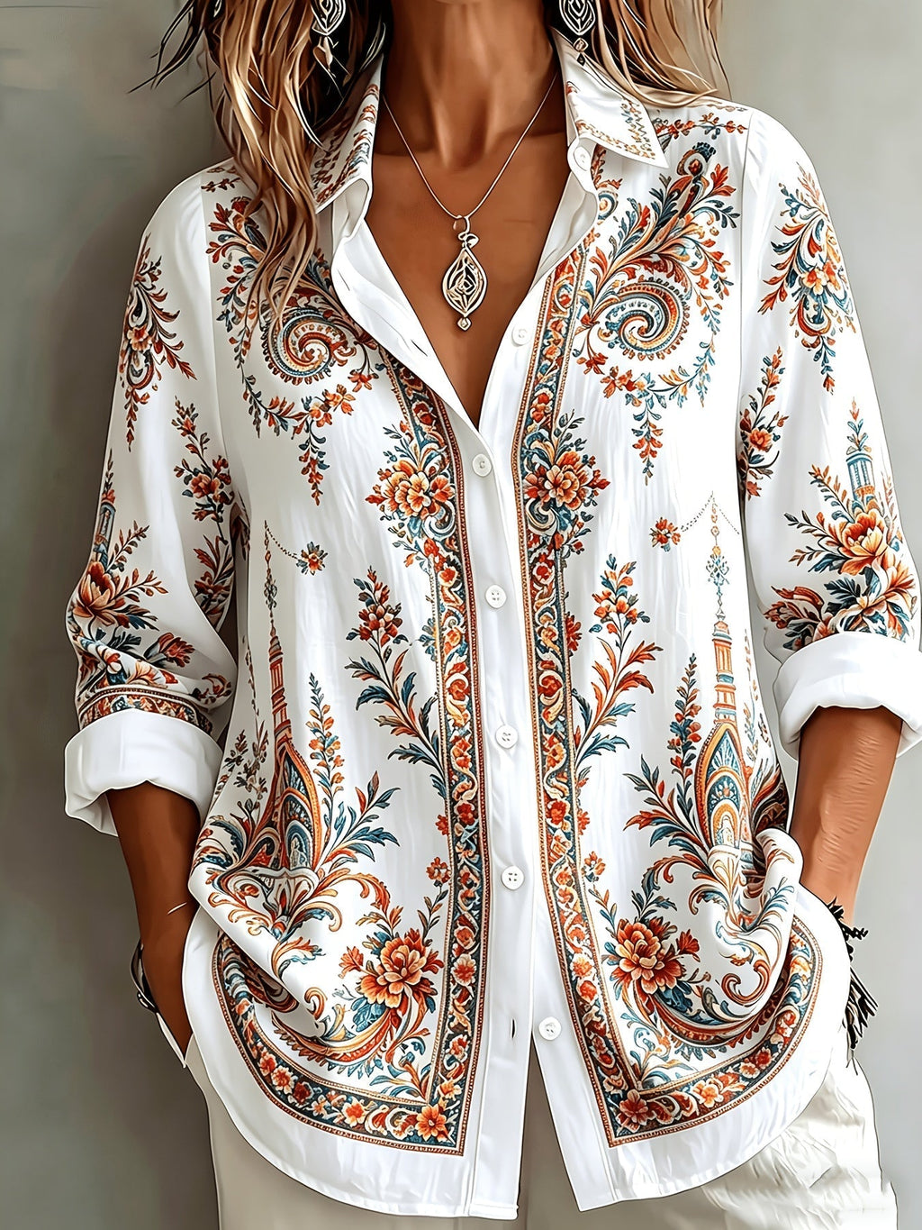 Women's Floral Paisley Oversized Long Sleeve Blouse