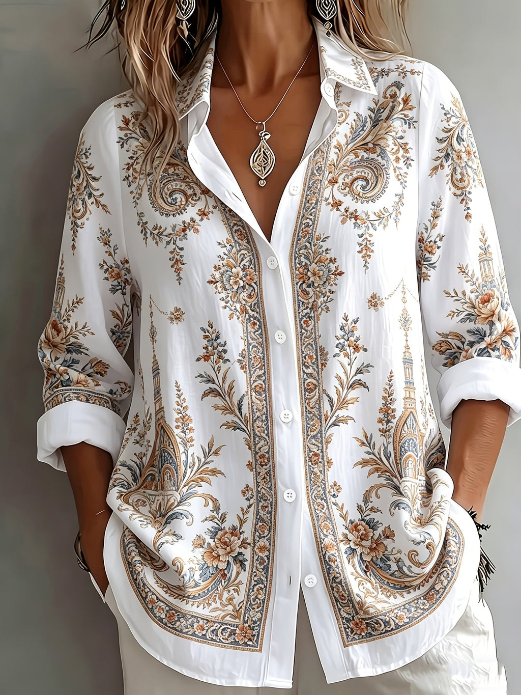Women's Floral Paisley Oversized Long Sleeve Blouse