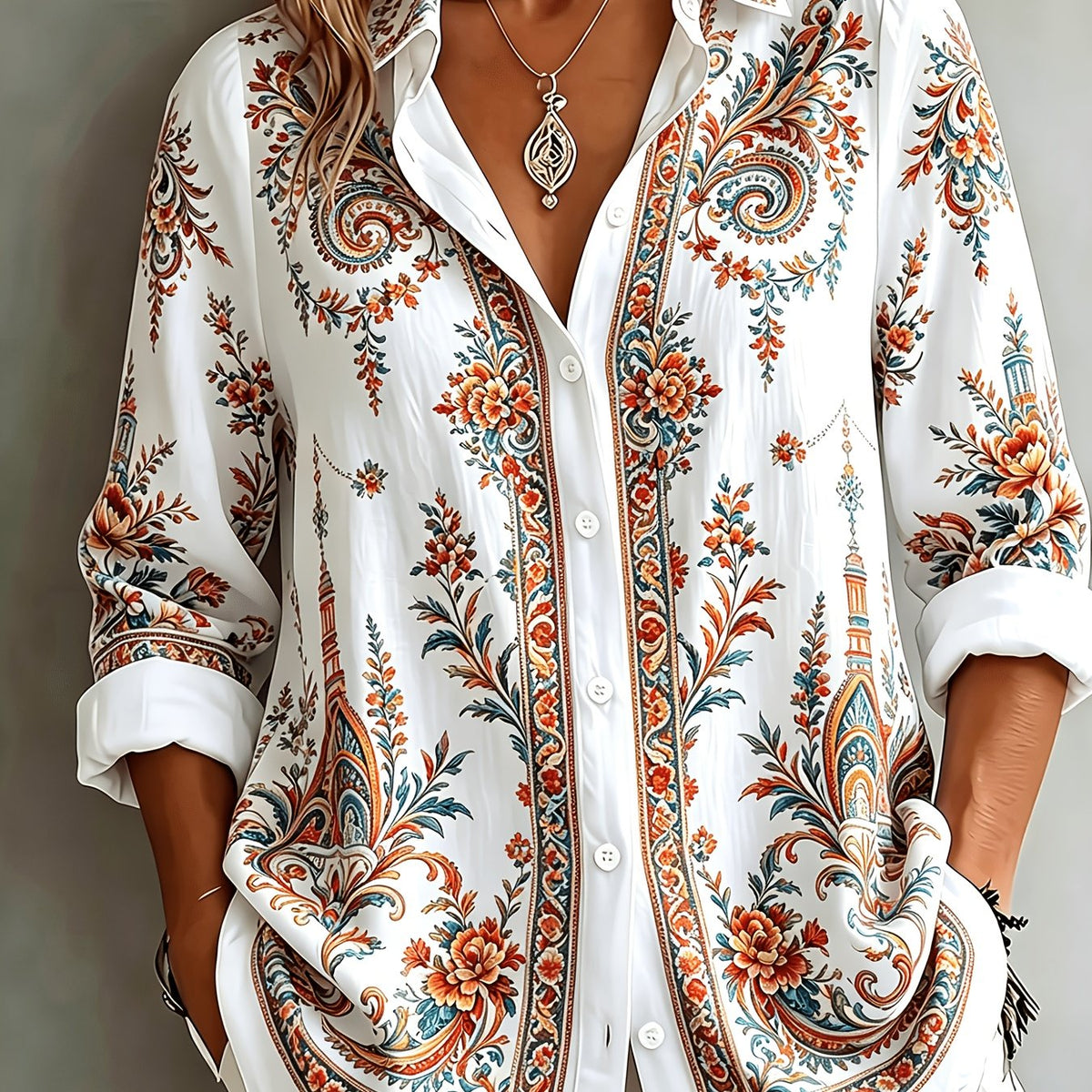 Women's Floral Paisley Oversized Long Sleeve Blouse
