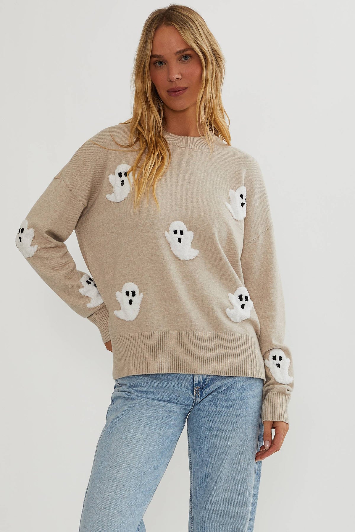 Women's Ghost Appliqué Knit Jumper - Cosy Long-Sleeve Jumper