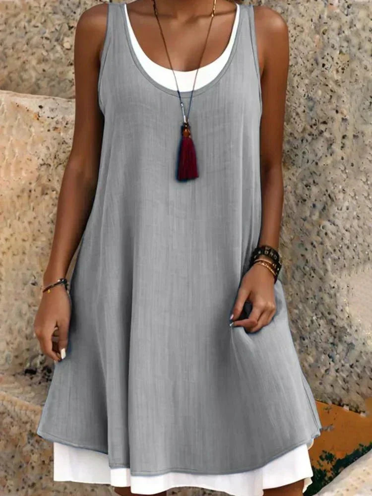 Women's Layered Mini Dress: Chic Sleeveless Scoop Neck Style