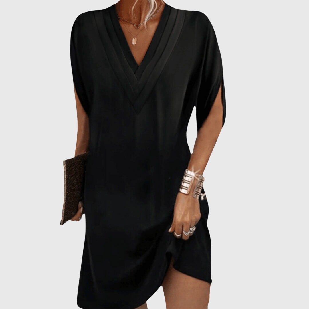 Women's V Neck Mini Dress - Draped Short Sleeve Cocoon Style
