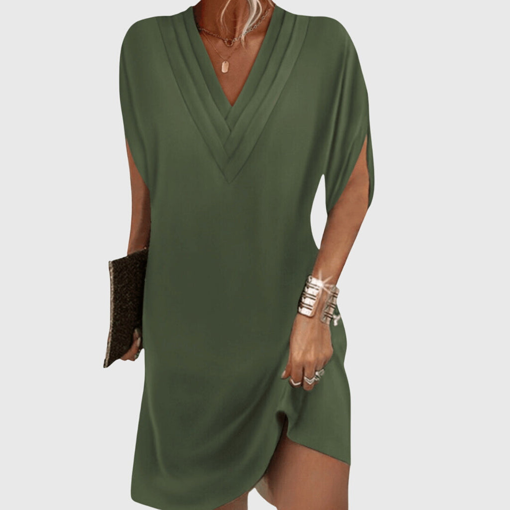 Women's V Neck Mini Dress - Draped Short Sleeve Cocoon Style