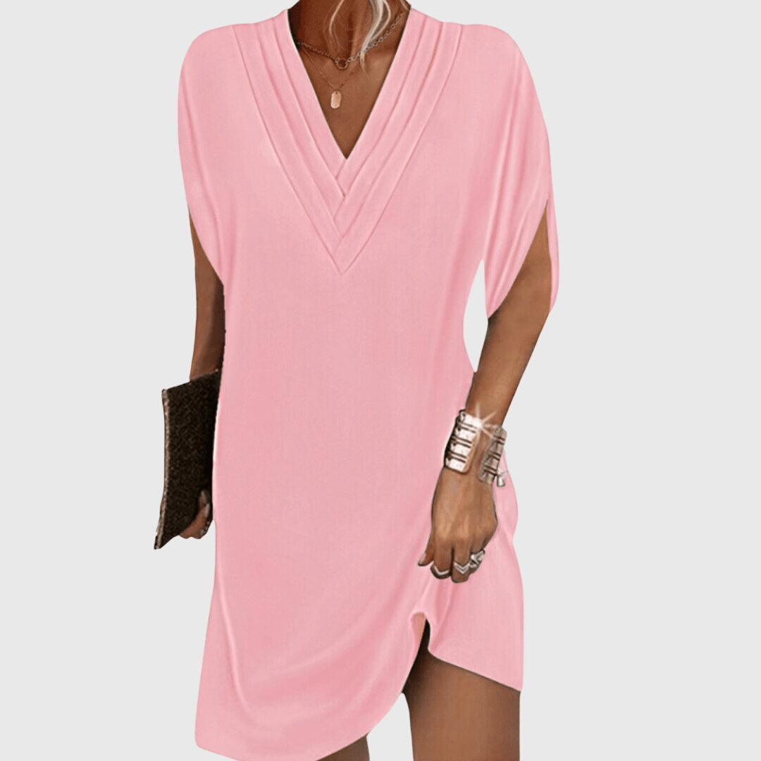 Women's V Neck Mini Dress - Draped Short Sleeve Cocoon Style