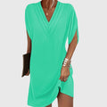 Women's V Neck Mini Dress - Draped Short Sleeve Cocoon Style