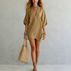 Women's V Neck Tunic Mini Dress – Effortless Relaxed Fit