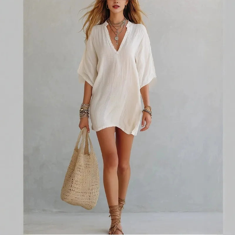 Women's V Neck Tunic Mini Dress – Effortless Relaxed Fit
