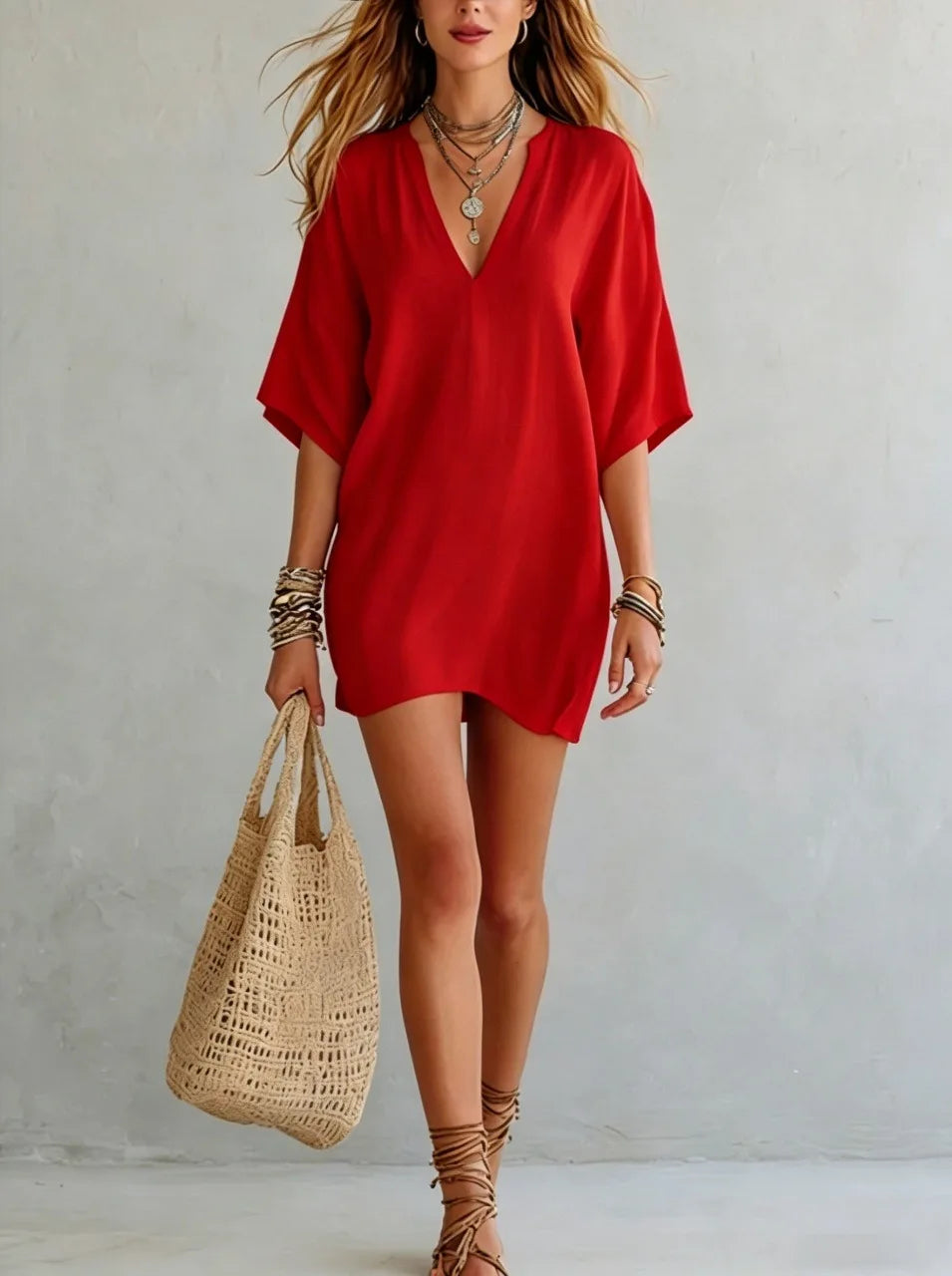 Women's V Neck Tunic Mini Dress – Effortless Relaxed Fit