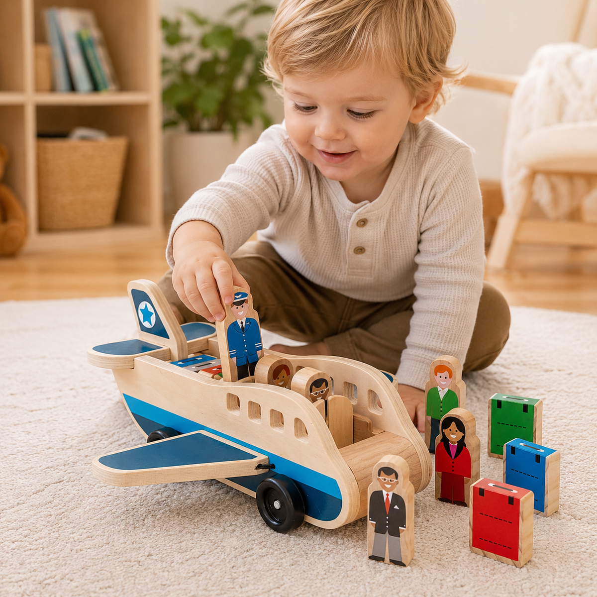 Wooden Aeroplane Toy Toddler Montessori Push Pull