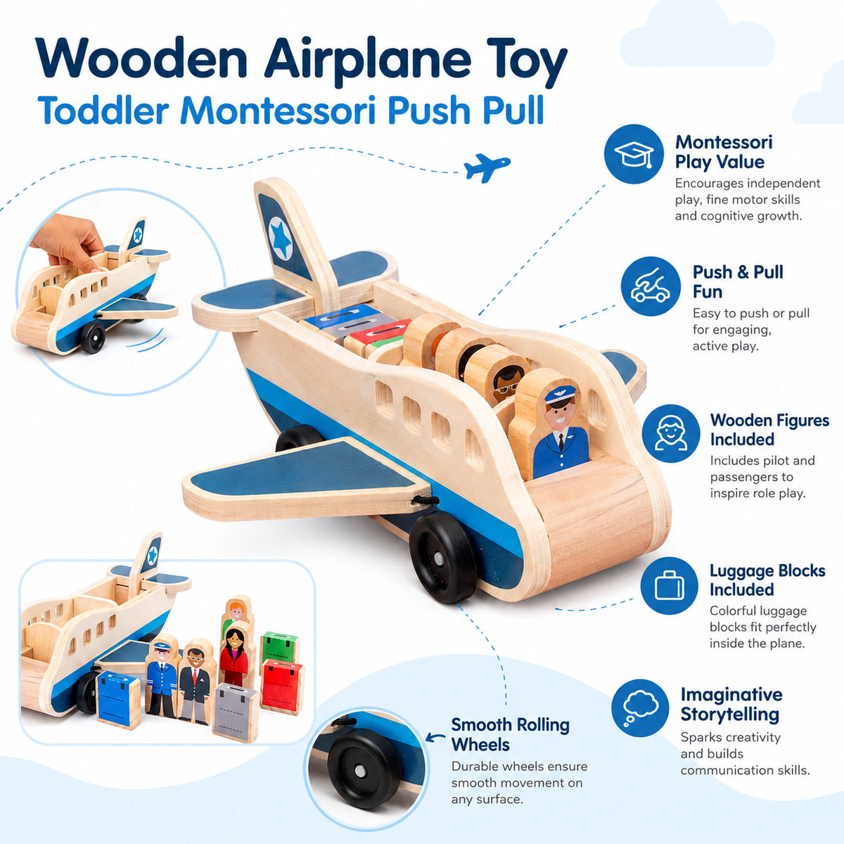 Wooden Aeroplane Toy Toddler Montessori Push Pull