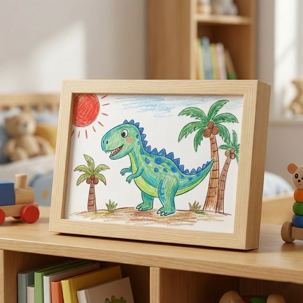 Wooden display frame for kids' drawings with storage