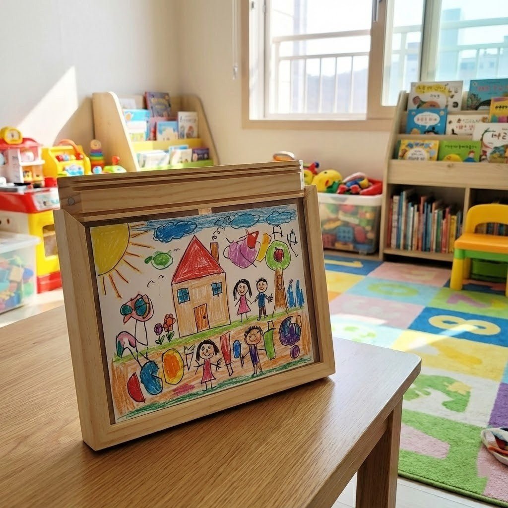 Wooden display frame for kids' drawings with storage