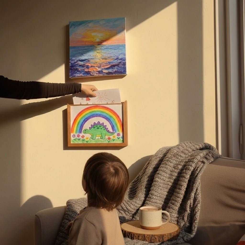 Wooden display frame for kids' drawings with storage