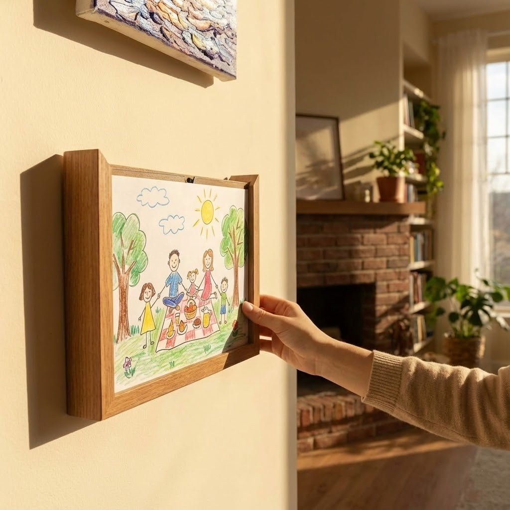 Wooden display frame for kids' drawings with storage