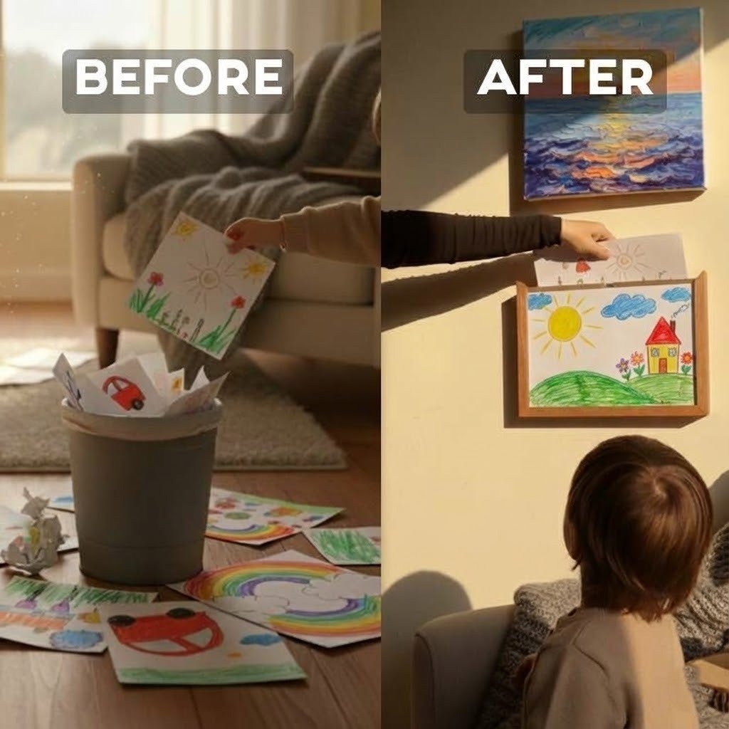 Wooden display frame for kids' drawings with storage