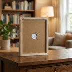 Wooden display frame for kids' drawings with storage