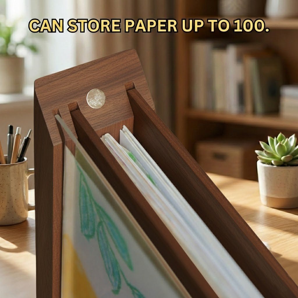 Wooden display frame for kids' drawings with storage