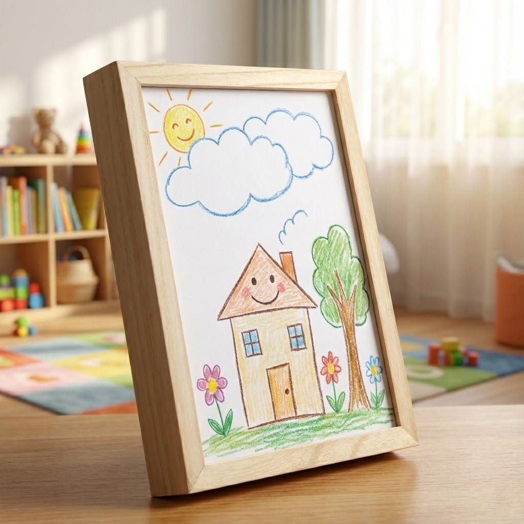 Wooden display frame for kids' drawings with storage