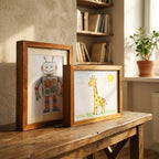 Wooden display frame for kids' drawings with storage