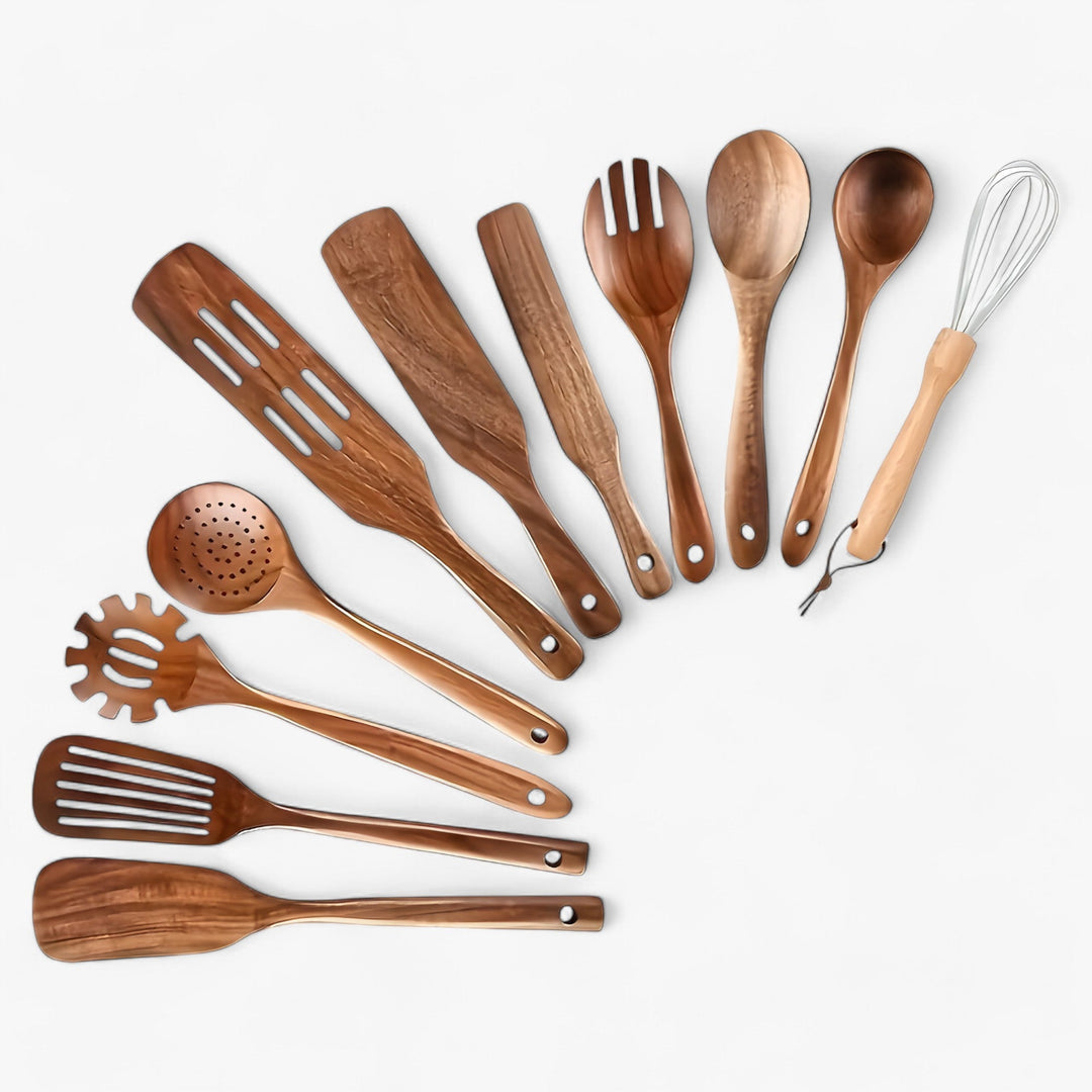 Wooden Kitchen Utensil Set – 11-Piece with Whisk & Holder