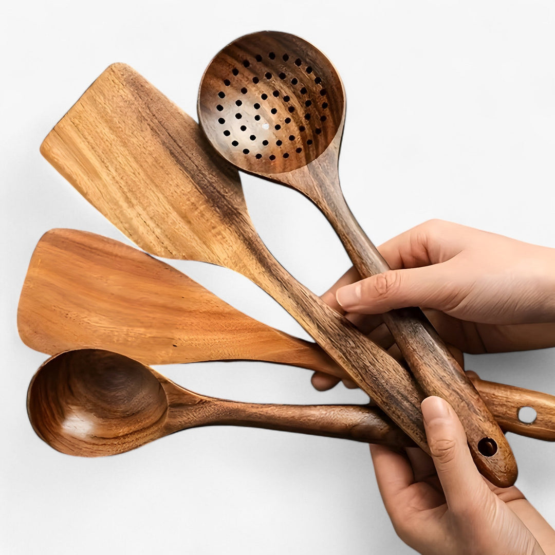 Wooden Kitchen Utensil Set – 11-Piece with Whisk & Holder