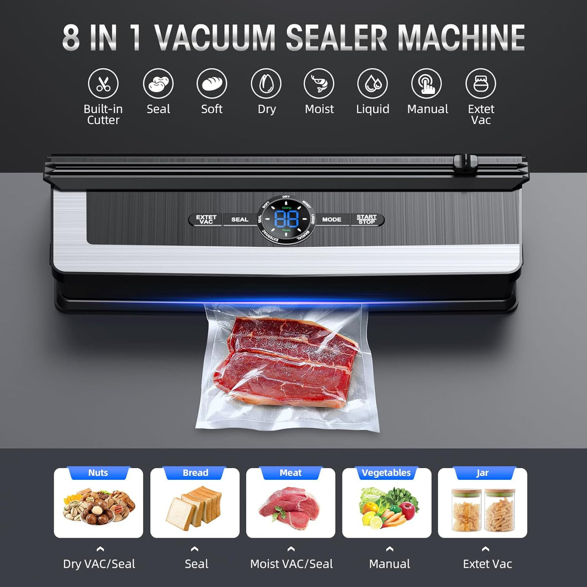 Professional 8-in-1 Vacuum Sealer | Integrated Precision Cutter | Modes for Dry & Moist Foods | Airtight LED Sealing Sys