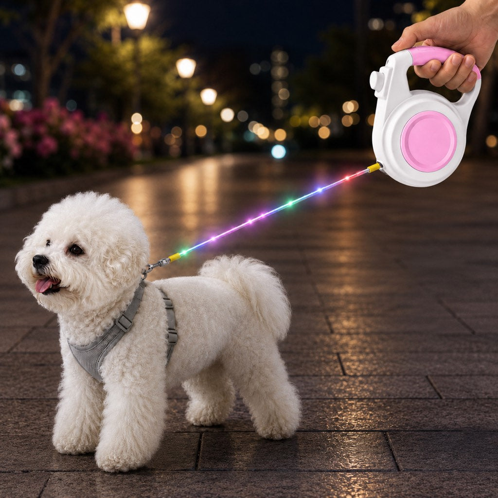 Rechargeable Light-Up Retractable Dog Leash for Night Walks - Helps Small Dogs Stay Visible & Easy to Control