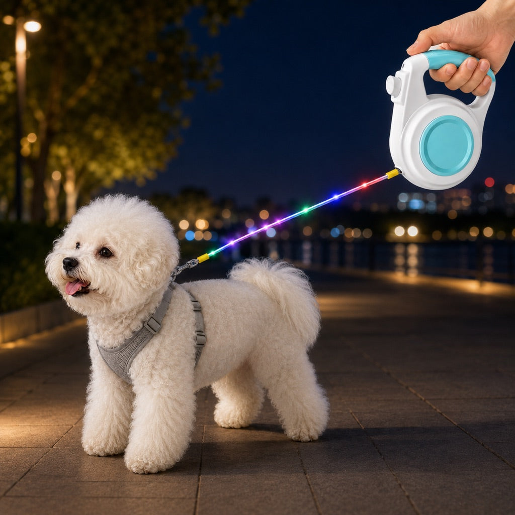 Rechargeable Light-Up Retractable Dog Leash for Night Walks - Helps Small Dogs Stay Visible & Easy to Control