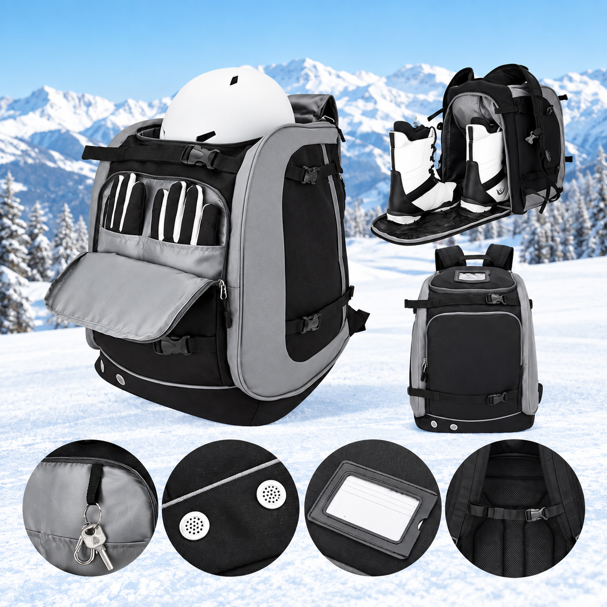Ski Rucksack 65L | Ski boot bag with helmet compartment & goggle compartment | Oxford fabric, adjustable shoulder straps