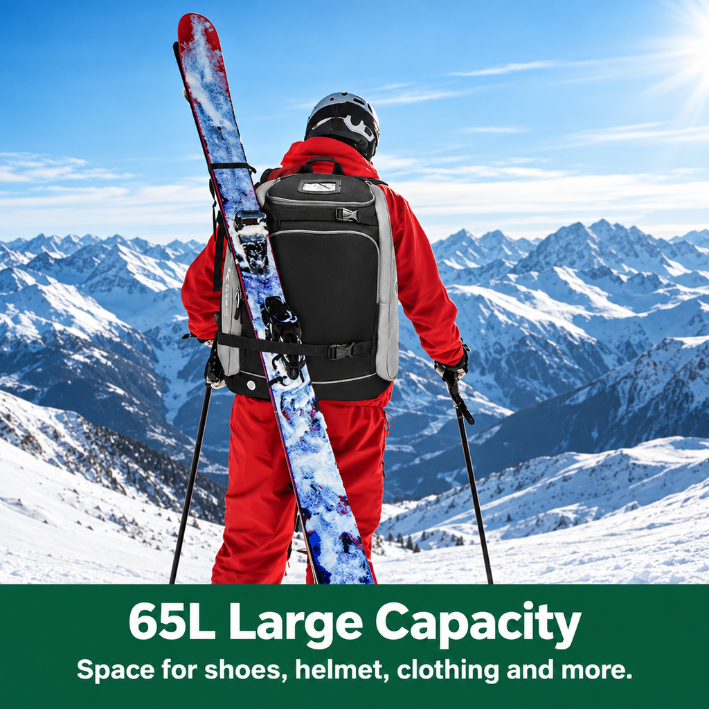 Ski Rucksack 65L | Ski boot bag with helmet compartment & goggle compartment | Oxford fabric, adjustable shoulder straps