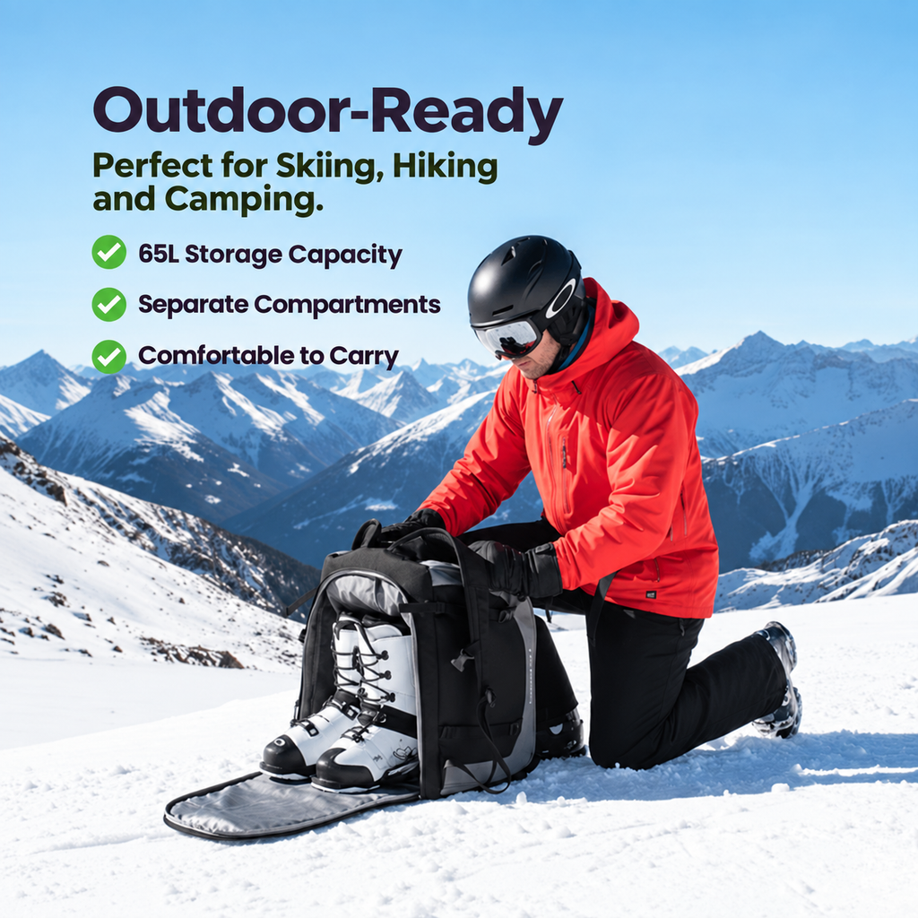 Ski Rucksack 65L | Ski boot bag with helmet compartment & goggle compartment | Oxford fabric, adjustable shoulder straps
